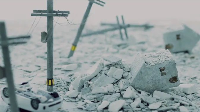 福岡市早良区の土地について徹底解説、自然災害で街が倒壊しているイメージ図